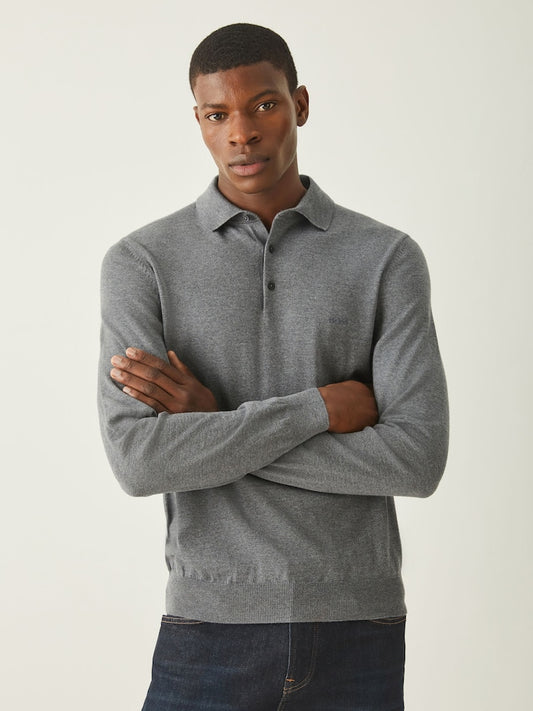 BOSS Grey Regular Fit Knitted Wool Polo Shirt