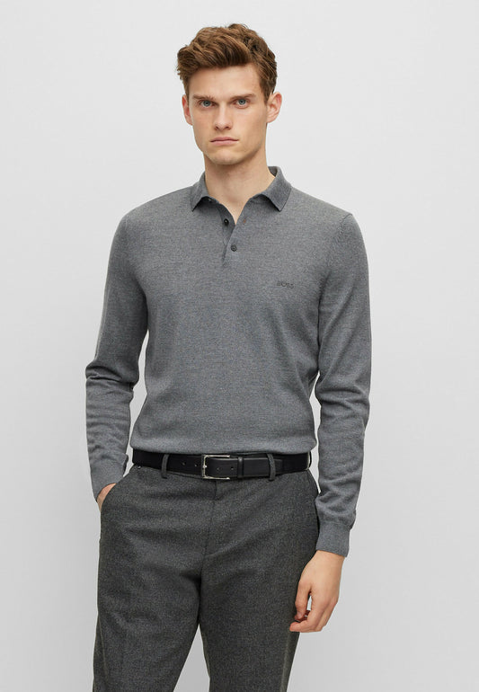 BOSS Grey Regular Fit Knitted Wool Polo Shirt