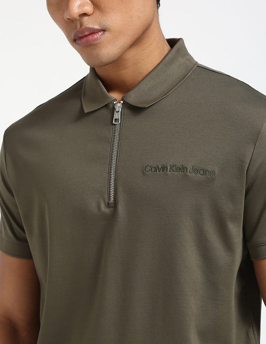 Calvin Klein Solid Zip Up Polo Shirt Olive