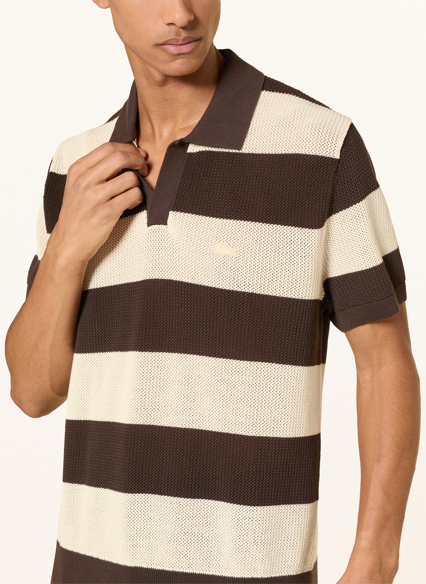 LACOSTE SHORT SLEEVED STRIPED POLO COLLAR SWEATER