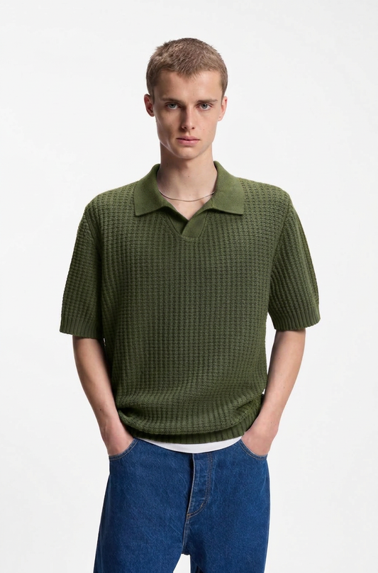 HUGO BOSS WAFFLE-STRUCTURE KNIT POLO WITH JOHNNY COLLAR