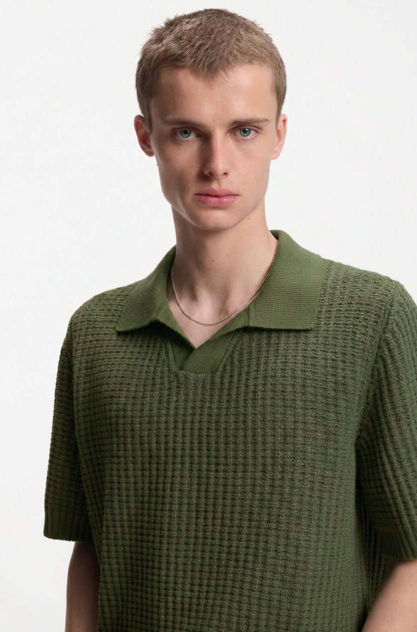 HUGO BOSS WAFFLE-STRUCTURE KNIT POLO WITH JOHNNY COLLAR
