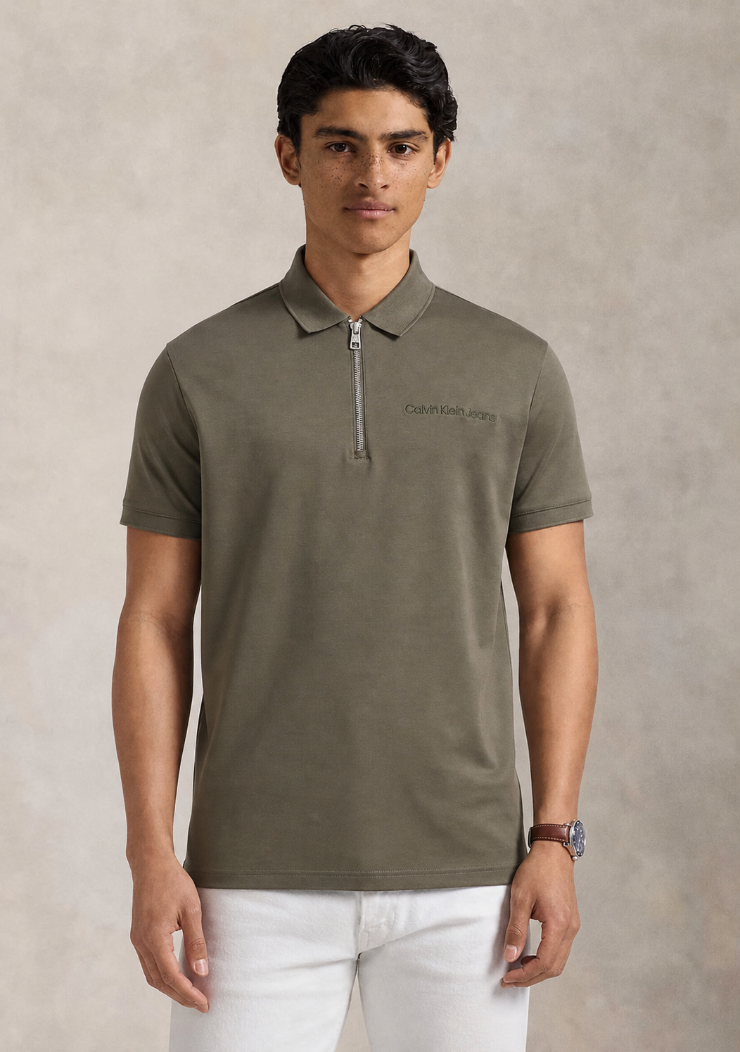 Calvin Klein Solid Zip Up Polo Shirt Olive