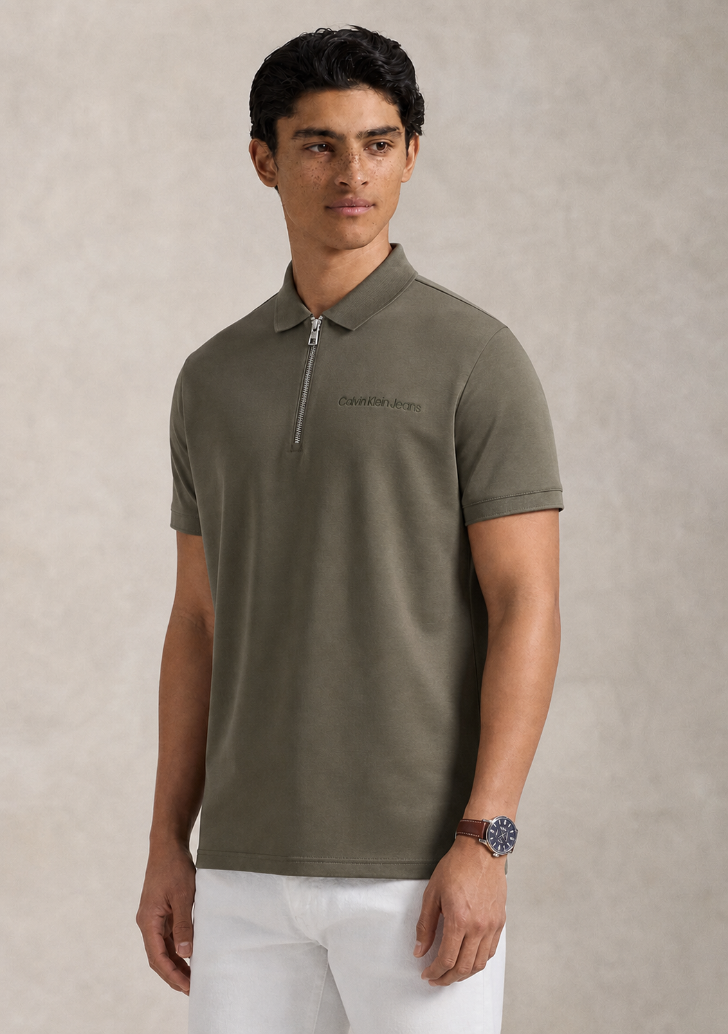 Calvin Klein Solid Zip Up Polo Shirt Olive