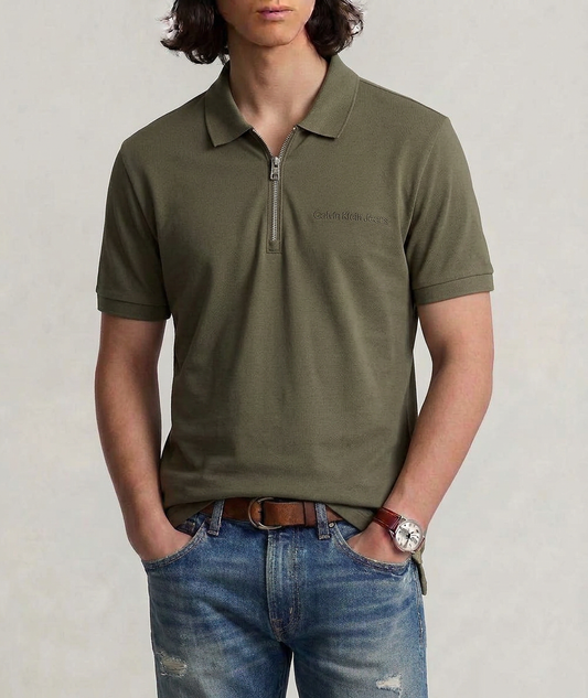 Calvin Klein Solid Zip Up Polo Shirt Olive