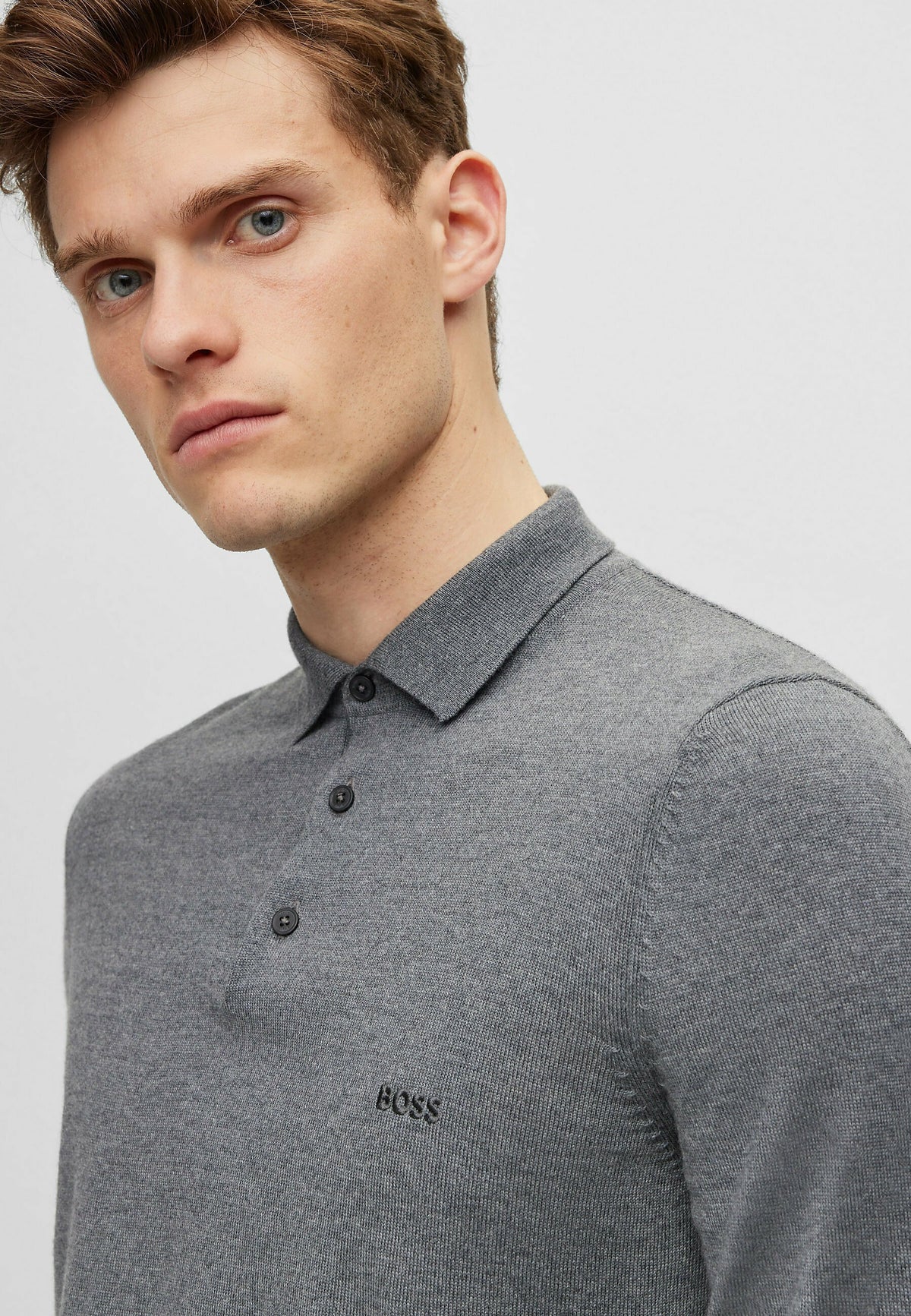 BOSS Grey Regular Fit Knitted Wool Polo Shirt