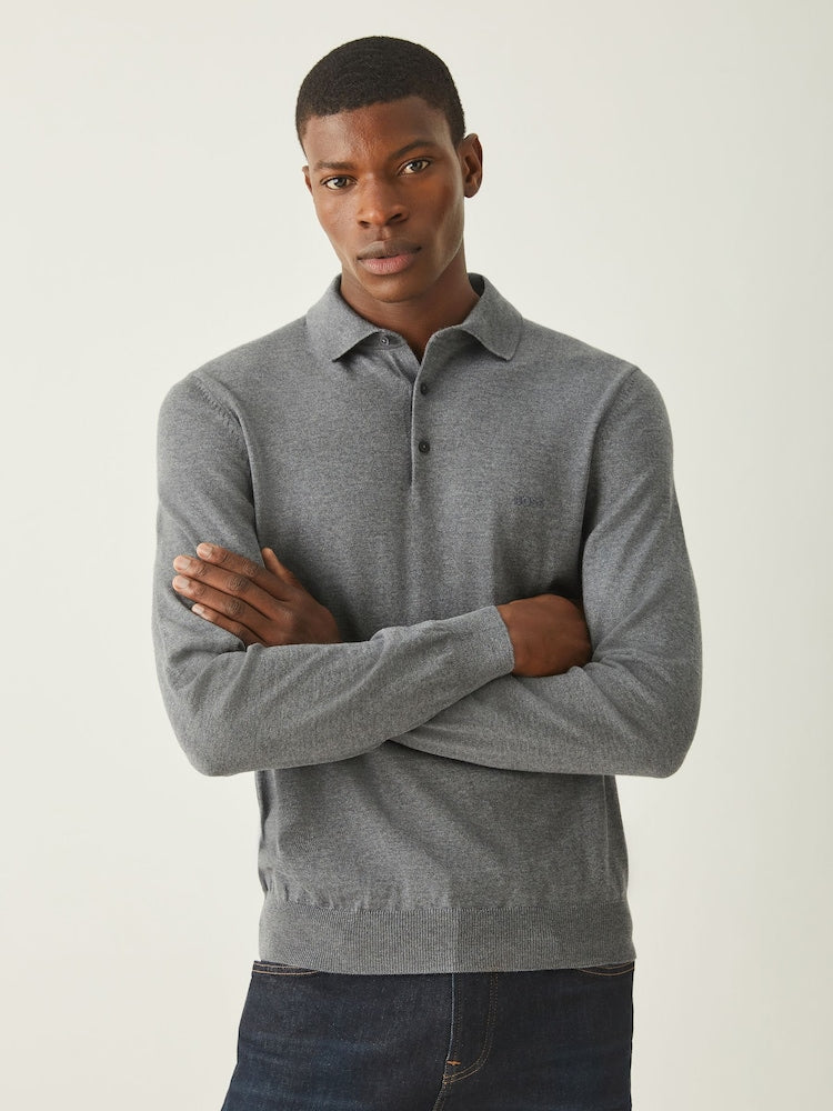 BOSS Grey Regular Fit Knitted Wool Polo Shirt