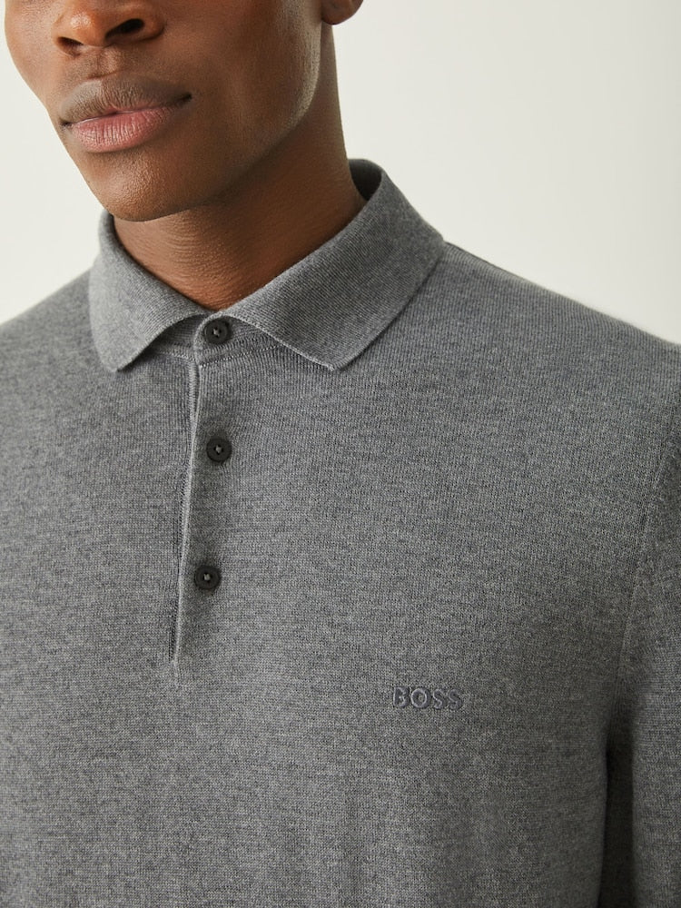 BOSS Grey Regular Fit Knitted Wool Polo Shirt