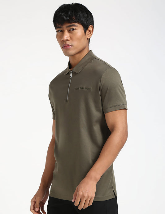 Calvin Klein Solid Zip Up Polo Shirt Olive