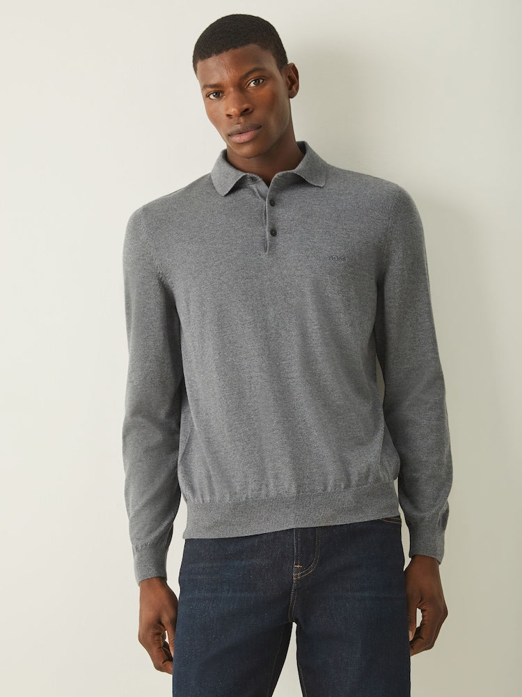 BOSS Grey Regular Fit Knitted Wool Polo Shirt
