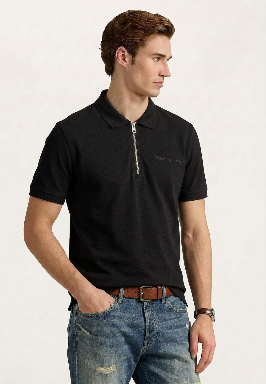 Calvin Klein Solid Zip Up Polo Shirt Black