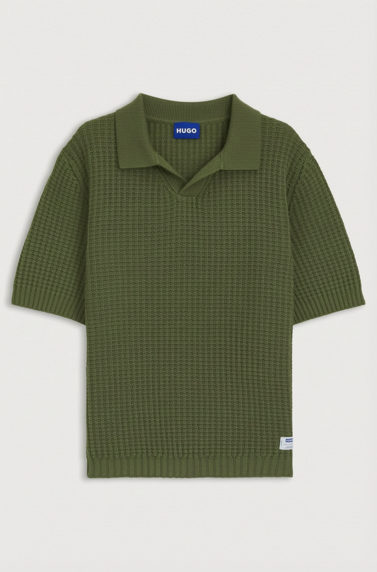 HUGO BOSS WAFFLE-STRUCTURE KNIT POLO WITH JOHNNY COLLAR