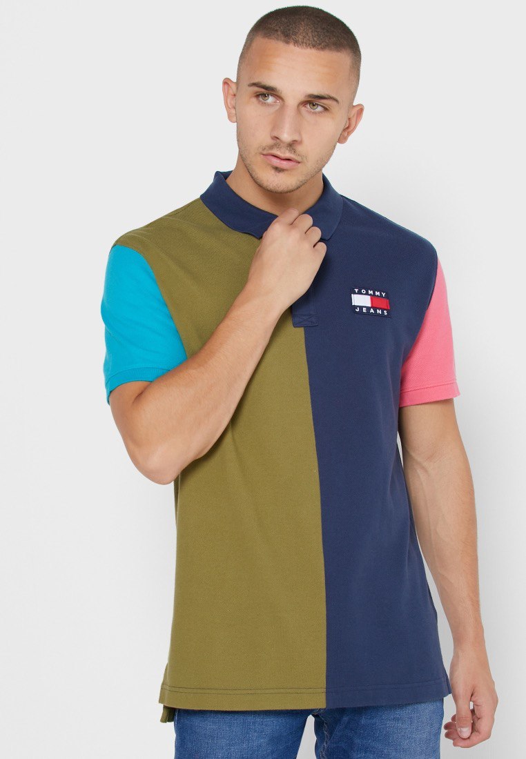 Tommy Jeans colorblock Flag Badge Pique Polo in Multi